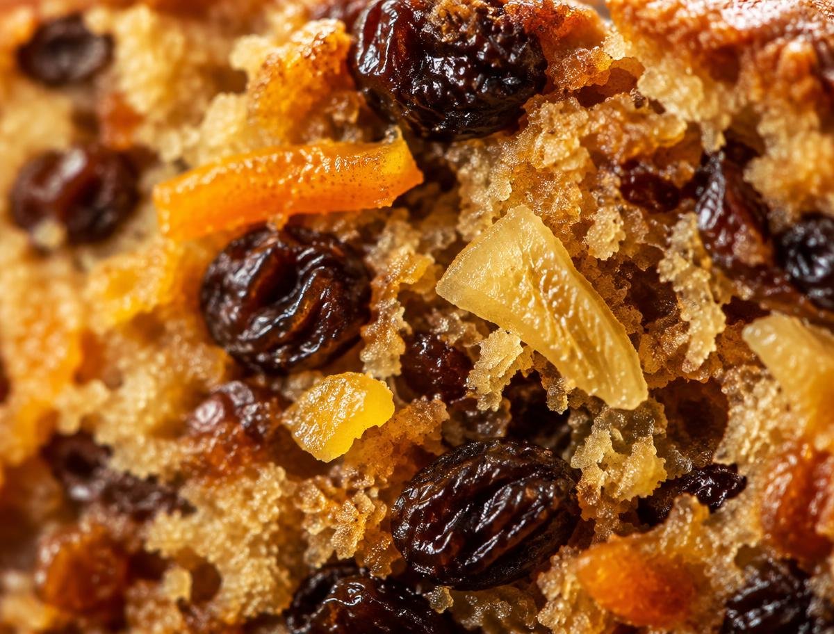 Close-up of TipsyBites Cake crumb with raisins, orange peel and ginger peel
