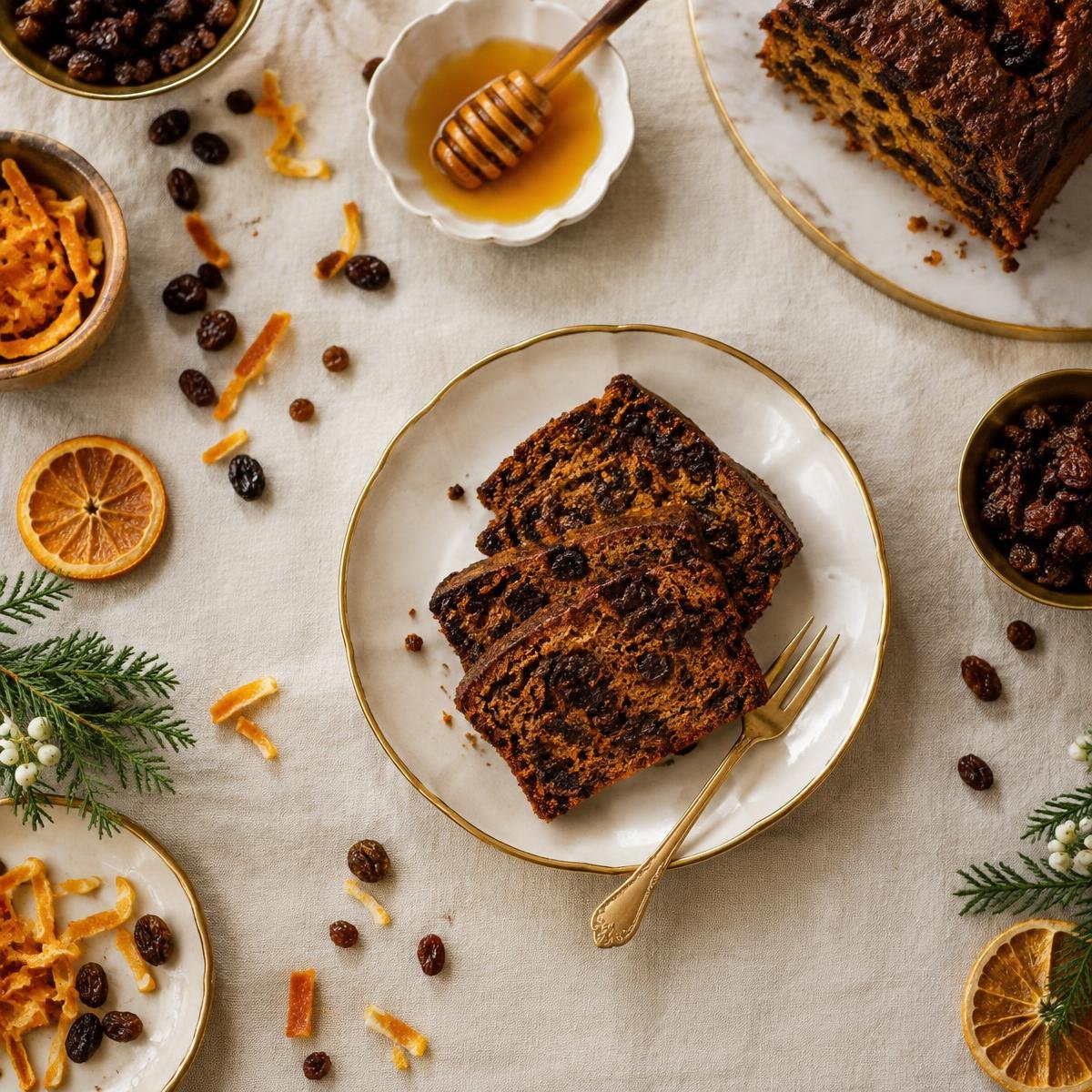 Slices of TipsyBites Cake on a gold-rimmed plate with honey and dried orange
